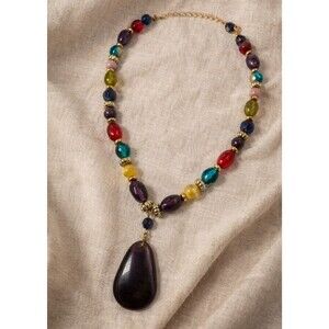 Vintage Estate Multi Color Beaded Drop Pendant Necklace Boho Chic Statement